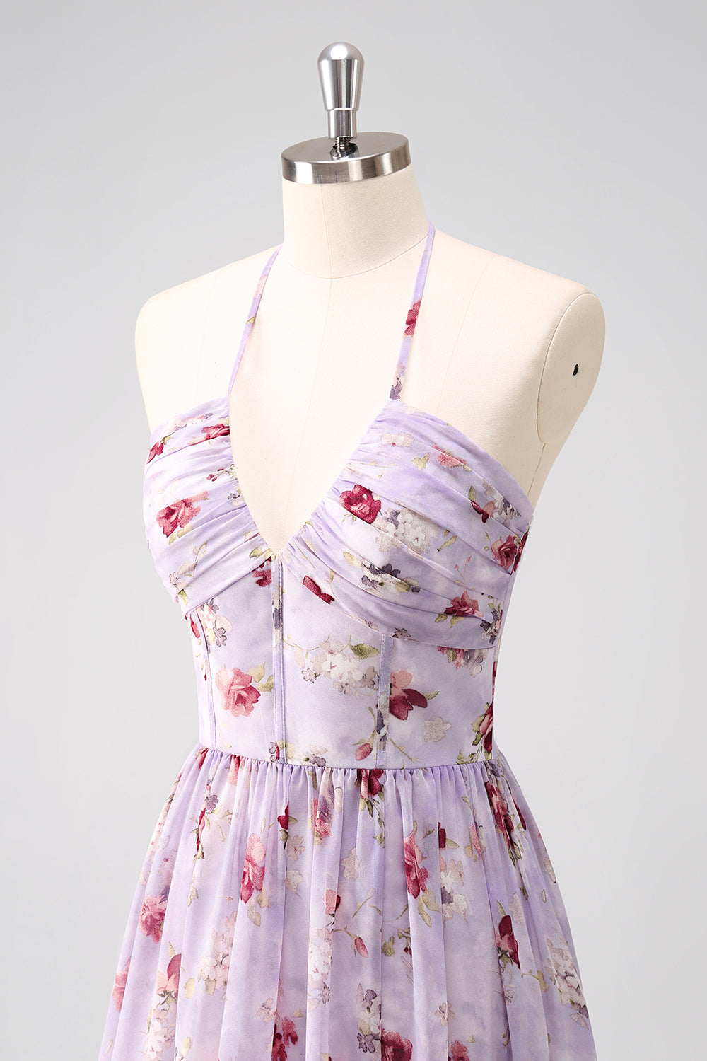 Gris Morado Floral A Line Corsé Halter Vestido de Dama de Honor con Abertura