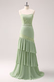 Vestido de dama de honor de gasa con volantes florales verdes con encaje