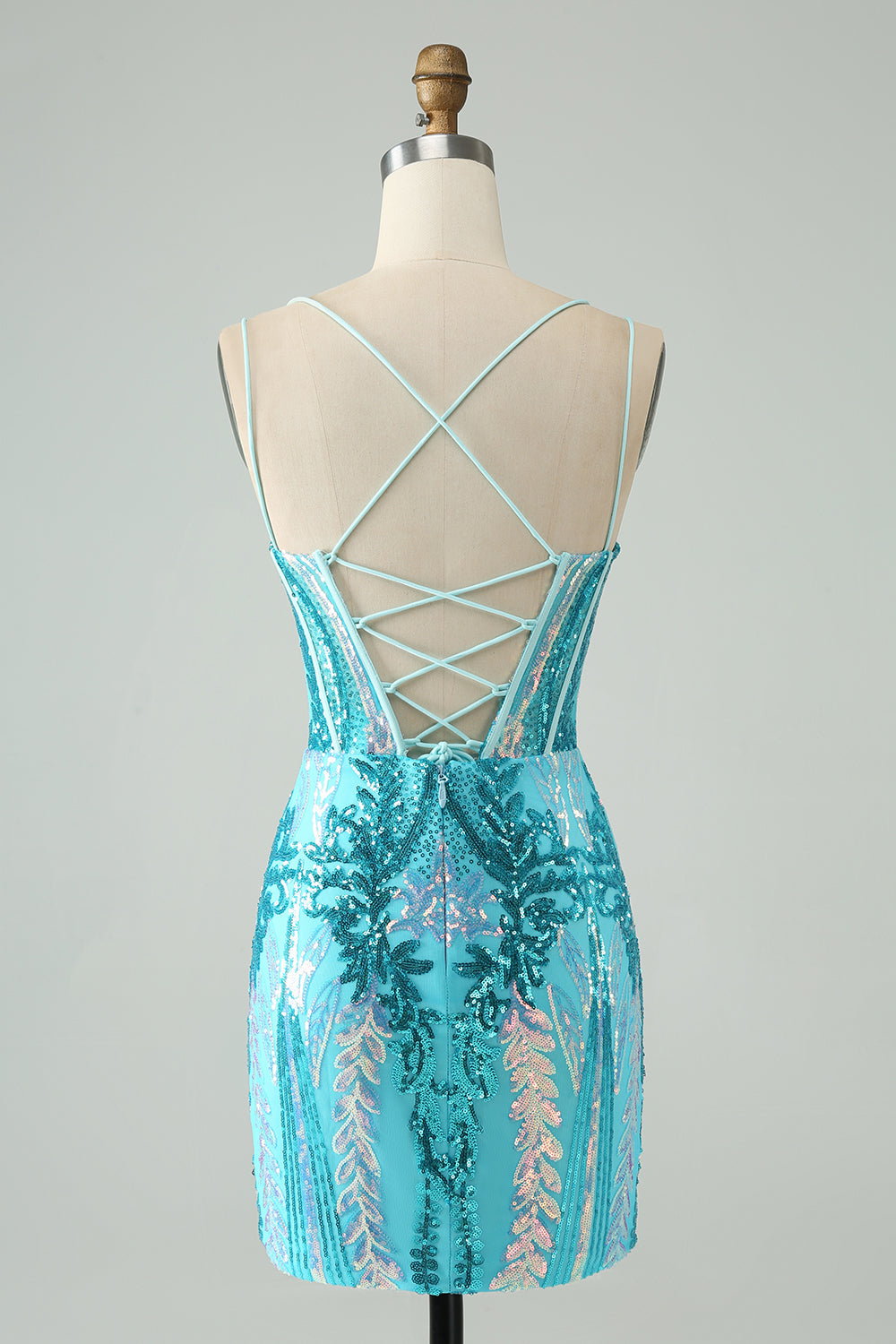 Vestido de cóctel con corsé y tirantes finos ajustados en azul brillante con lentejuelas