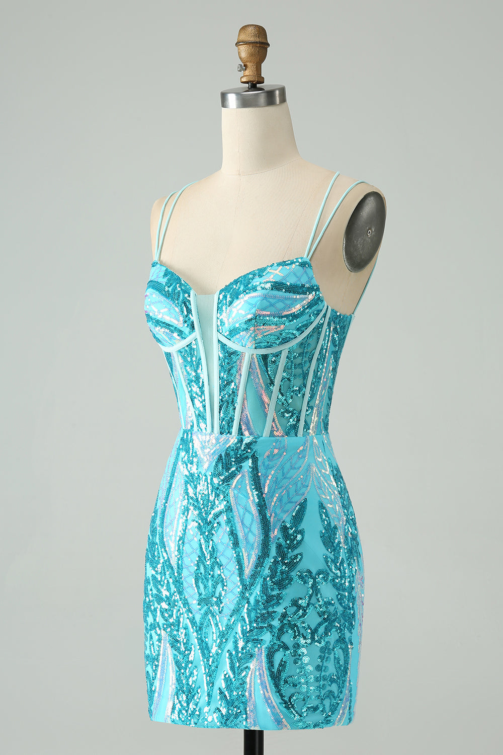 Vestido de cóctel con corsé y tirantes finos ajustados en azul brillante con lentejuelas