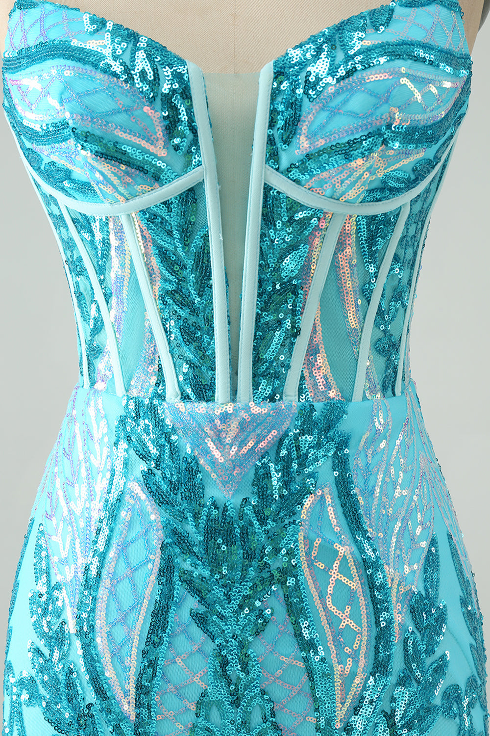Vestido de cóctel con corsé y tirantes finos ajustados en azul brillante con lentejuelas