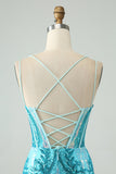 Vestido de cóctel con corsé y tirantes finos ajustados en azul brillante con lentejuelas