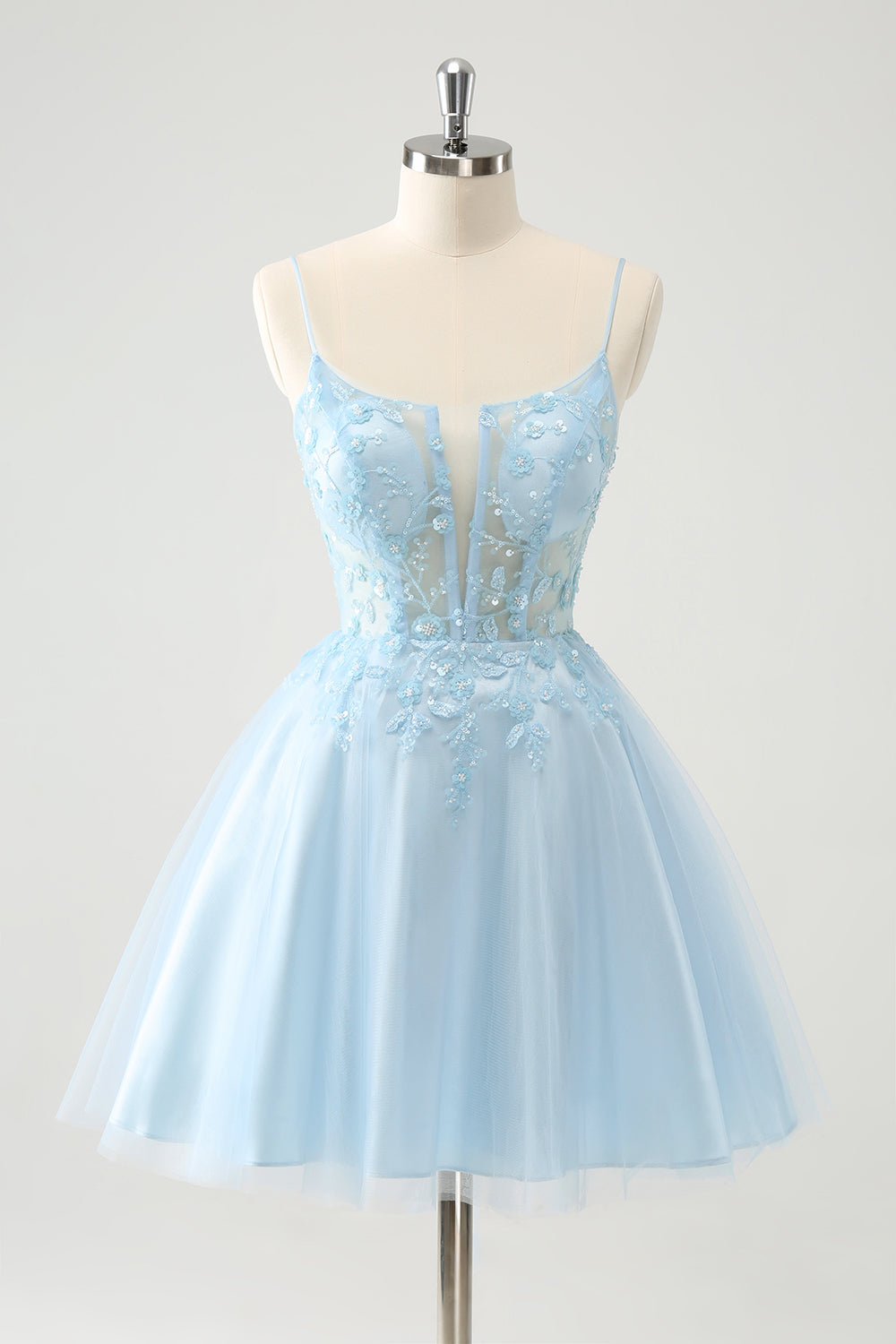 Lindo vestido de cóctel con corsé de cuentas línea A azul brillante y apliques