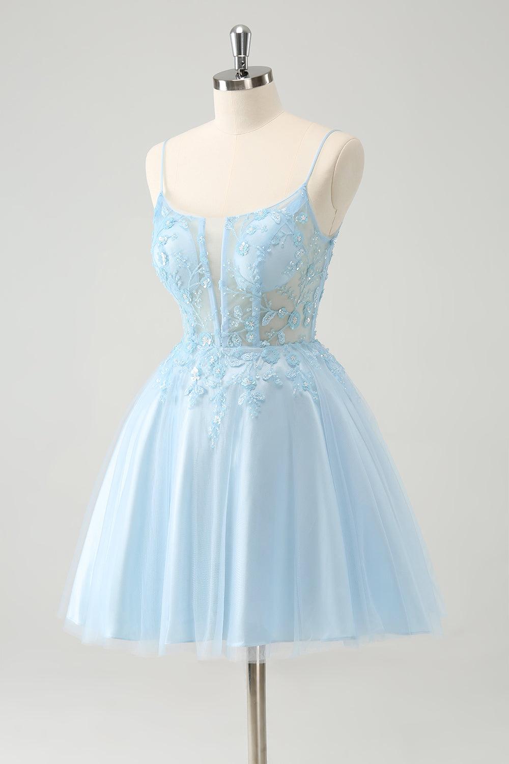 Lindo vestido de cóctel con corsé de cuentas línea A azul brillante y apliques