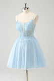 Lindo vestido de cóctel con corsé de cuentas línea A azul brillante y apliques