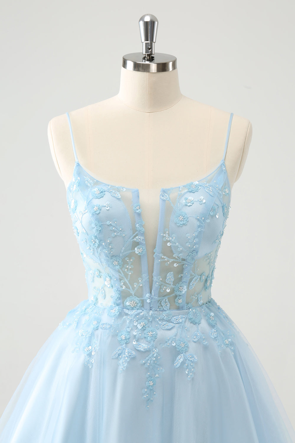 Lindo vestido de cóctel con corsé de cuentas línea A azul brillante y apliques