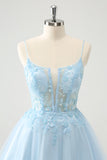 Lindo vestido de cóctel con corsé de cuentas línea A azul brillante y apliques