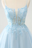 Lindo vestido de cóctel con corsé de cuentas línea A azul brillante y apliques