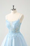 Lindo vestido de cóctel con corsé de cuentas línea A azul brillante y apliques