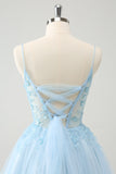 Lindo vestido de cóctel con corsé de cuentas línea A azul brillante y apliques