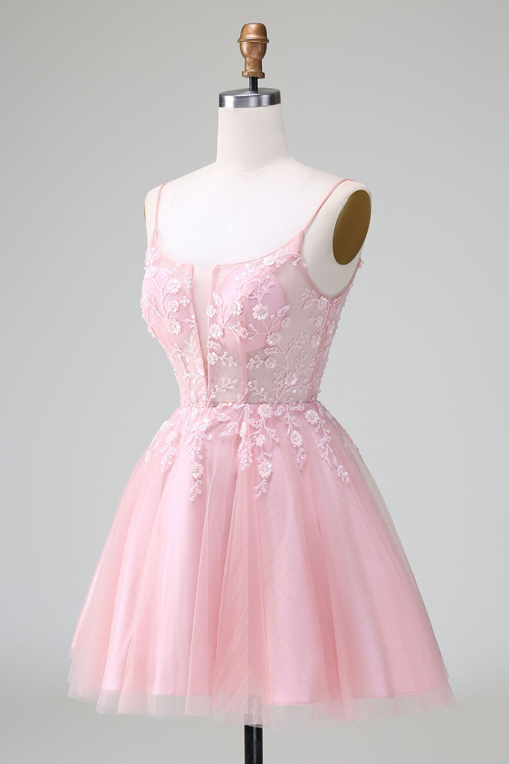 Vestido de cóctel corto de corte A de tul con apliques de rubor princesa