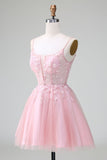 Vestido de cóctel corto de corte A de tul con apliques de rubor princesa