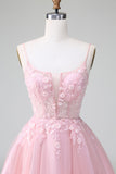 Vestido de cóctel corto de corte A de tul con apliques de rubor princesa