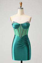 Vestido de cóctel ajustado de novia con corsé y purpurina verde oscuro con cuentas