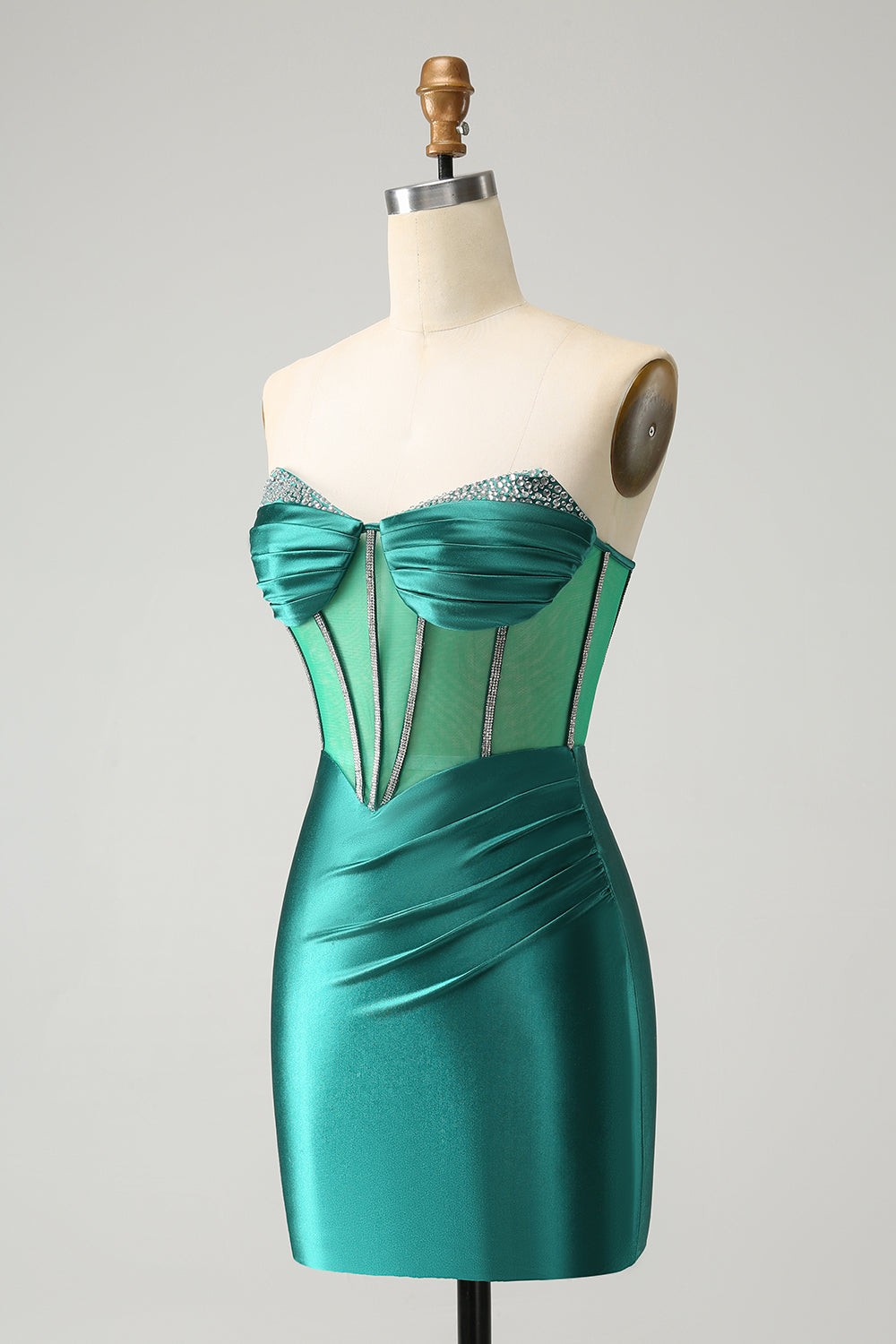Vestido de cóctel ajustado de novia con corsé y purpurina verde oscuro con cuentas