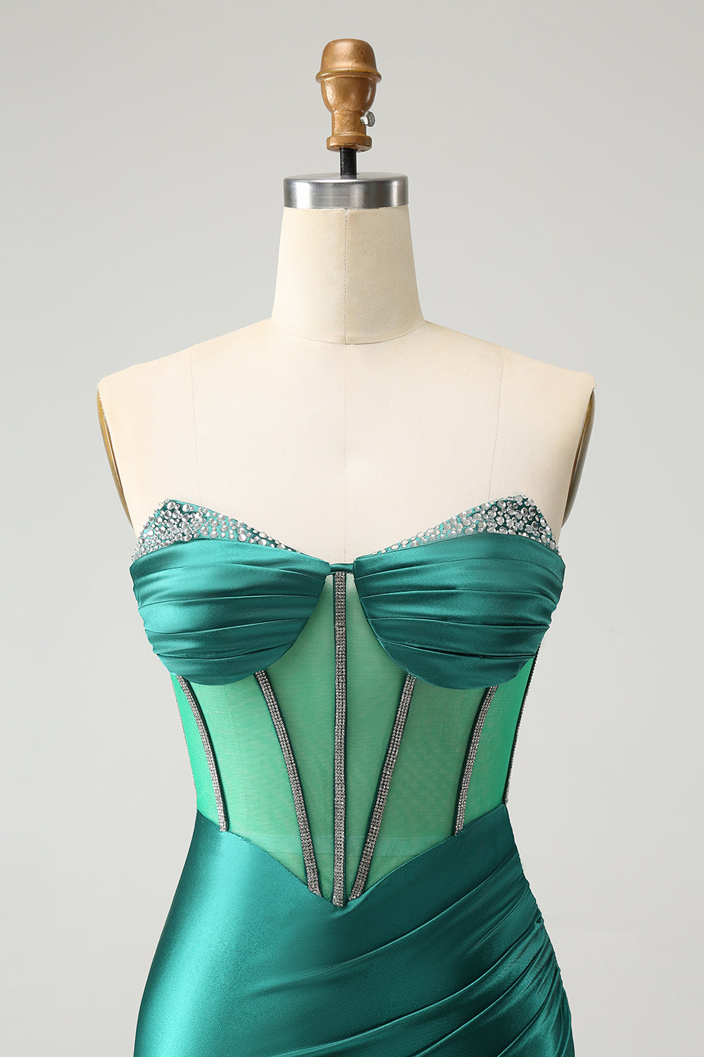 Vestido de cóctel ajustado de novia con corsé y purpurina verde oscuro con cuentas