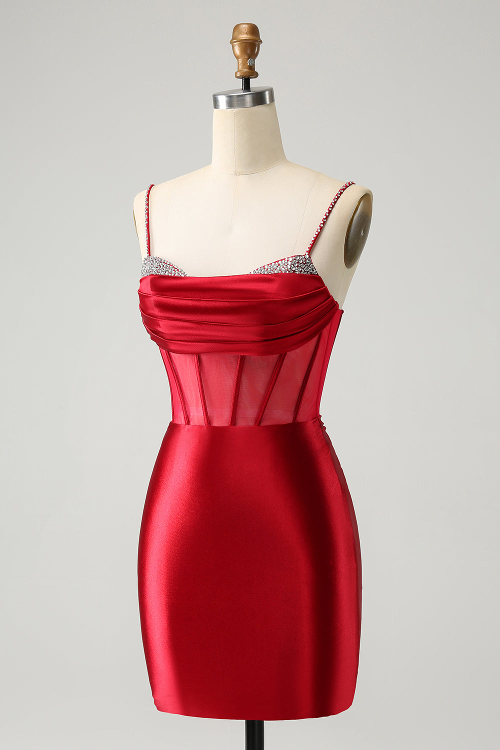Vestido de cóctel de satén corto con corsé con cuentas y purpurina rojo oscuro