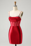 Vestido de cóctel de satén corto con corsé con cuentas y purpurina rojo oscuro