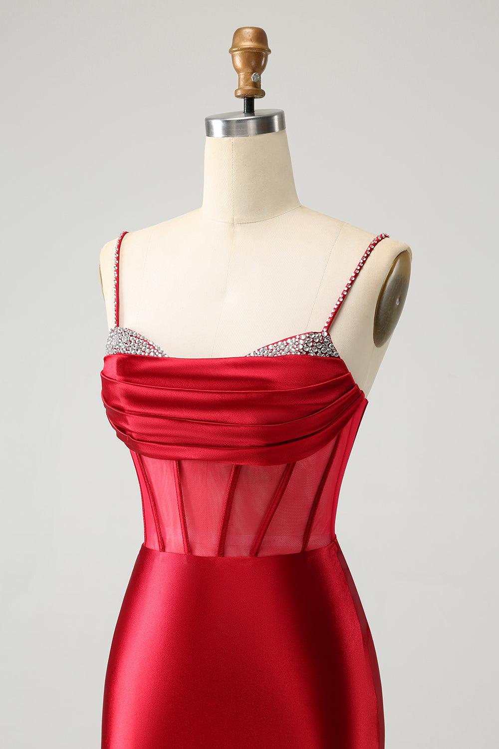 Vestido de cóctel de satén corto con corsé con cuentas y purpurina rojo oscuro