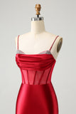 Vestido de cóctel de satén corto con corsé con cuentas y purpurina rojo oscuro