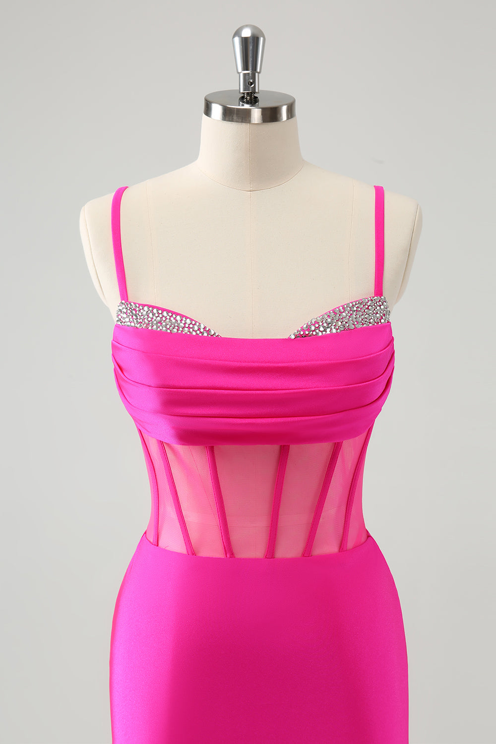 Glitter Fucsia Spaghetti Tirantes Corsé Ajustado Vestido de Regreso a Casa con Abalorios