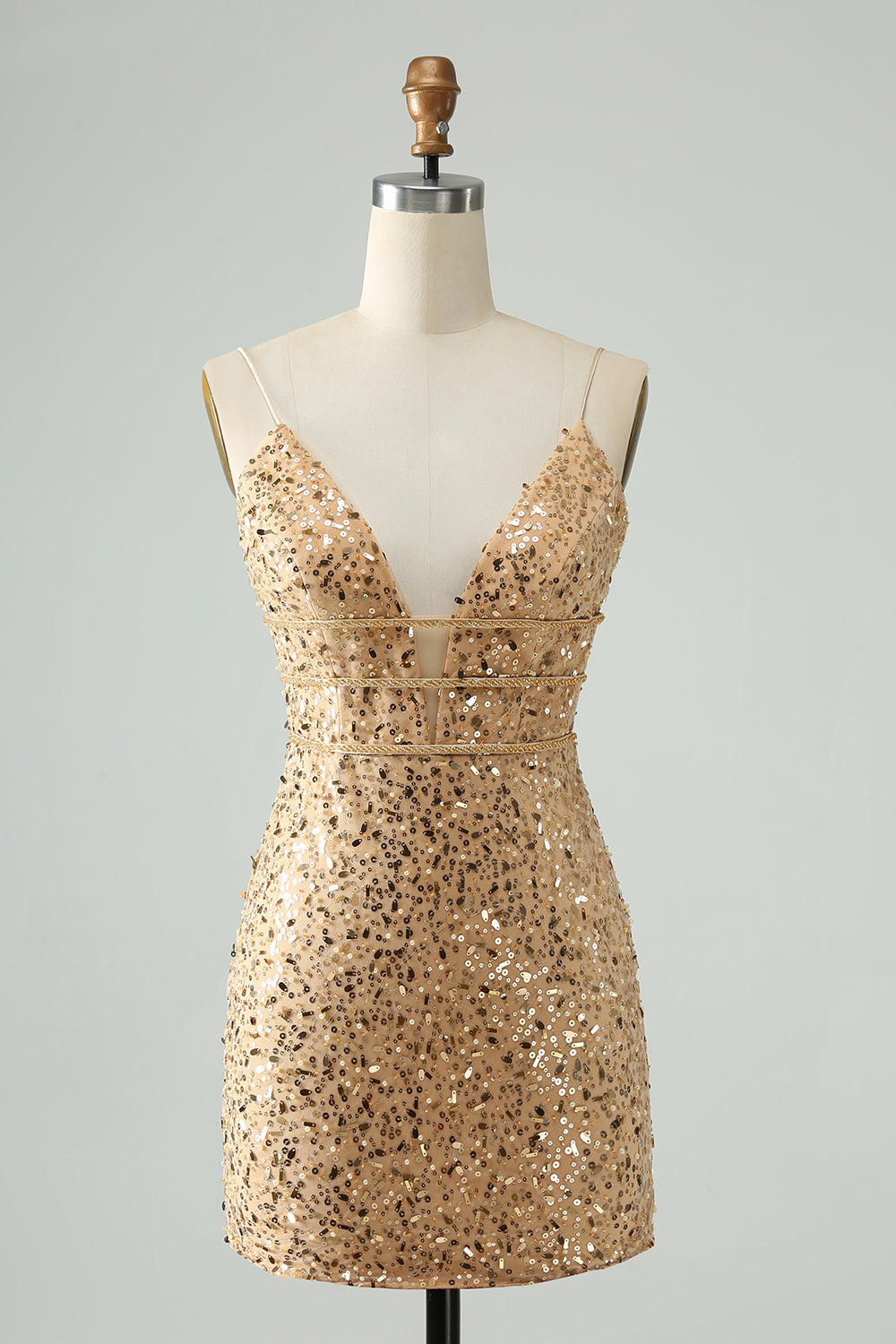 Vestido de cóctel corto con tirantes finos ajustado dorado brillante y lentejuelas