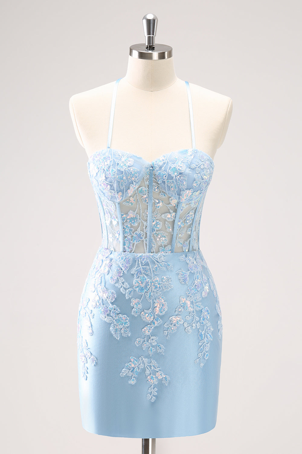 Vestido de fiesta corto ajustado con tirantes finos corsé apliques de lentejuelas y azul