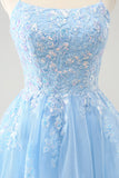 Vestido de cóctel de corte A con lentejuelas azules brillantes y apliques