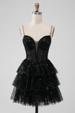 Vestido de regreso a casa escalonado con tirantes de espagueti negro brillante con lentejuelas