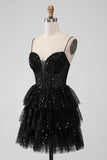 Vestido de regreso a casa escalonado con tirantes de espagueti negro brillante con lentejuelas