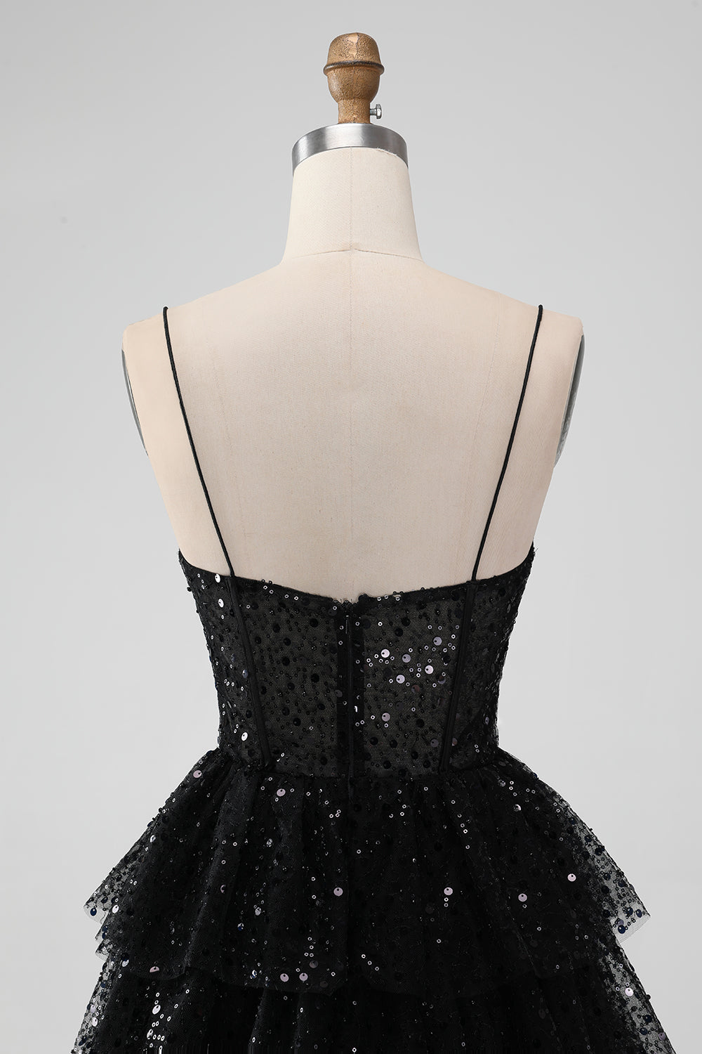 Vestido de regreso a casa escalonado con tirantes de espagueti negro brillante con lentejuelas