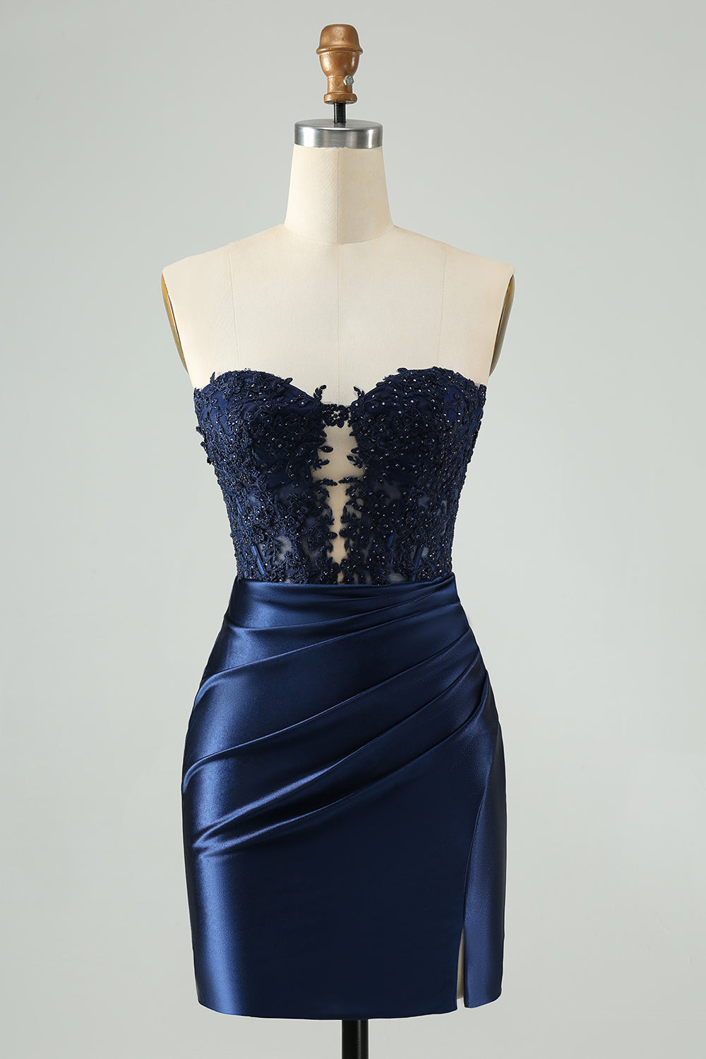 Vestido de cóctel de encaje sin tirantes azul real