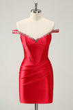 Vestido de satén ajustado con hombros descubiertos con cuentas rojas brillantes