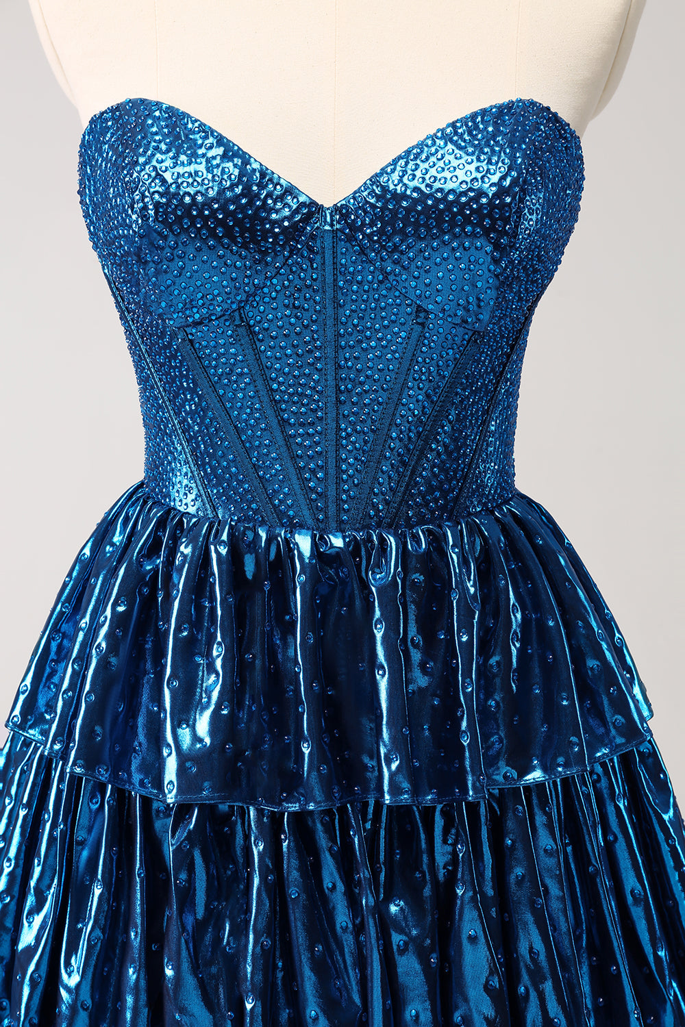 Azul pavo real Una línea de corsé sin tirantes vestido corto de regreso a casa escalonado
