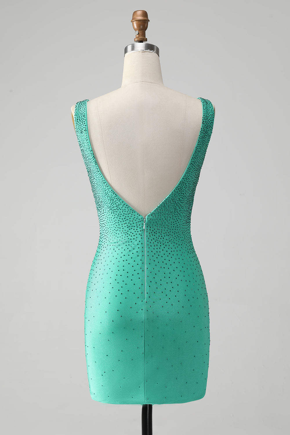 Vestido de cóctel corto sin espalda con cuello en V ajustado verde con cuentas