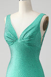 Vestido de cóctel corto sin espalda con cuello en V ajustado verde con cuentas