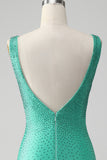 Vestido de cóctel corto sin espalda con cuello en V ajustado verde con cuentas