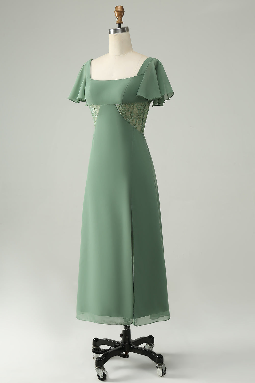 Vestido de dama de honor de gasa de cuello cuadrado de eucalipto de una línea con abertura