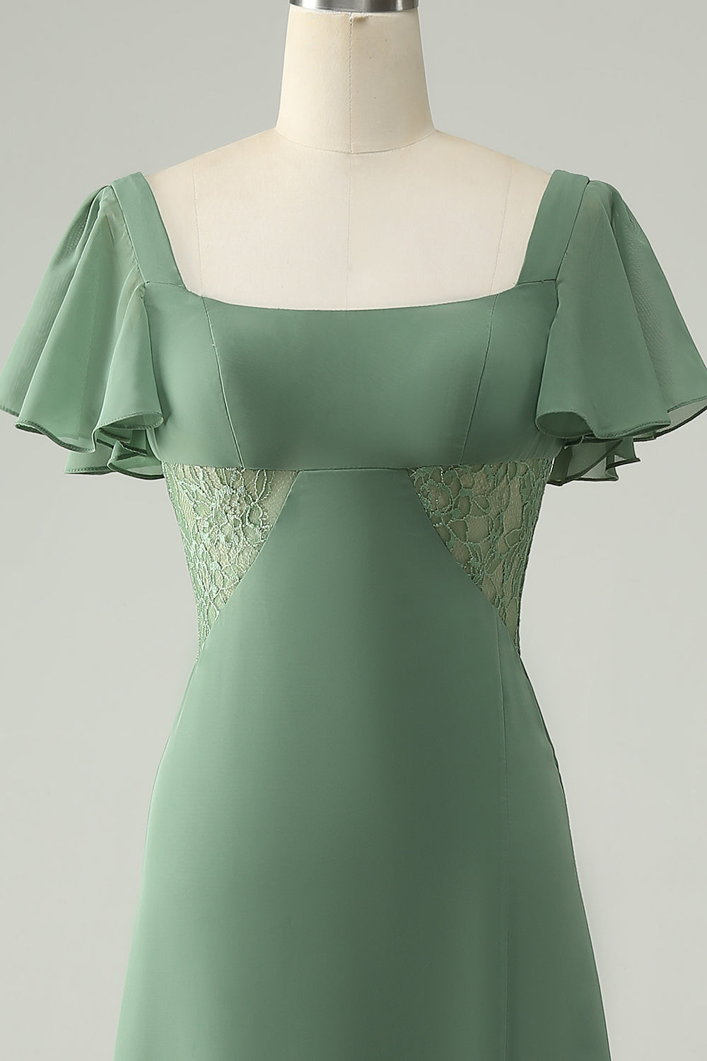 Vestido de dama de honor de gasa de cuello cuadrado de eucalipto de una línea con abertura