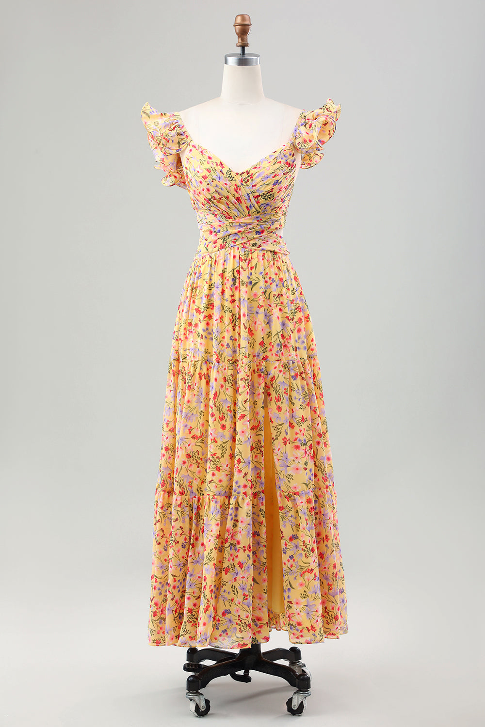 Vestido de invitada de boda plisado con estampado de cuello en V de flor amarilla con abertura