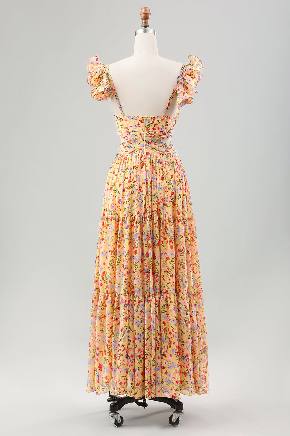 Vestido de invitada de boda plisado con estampado de cuello en V de flor amarilla con abertura