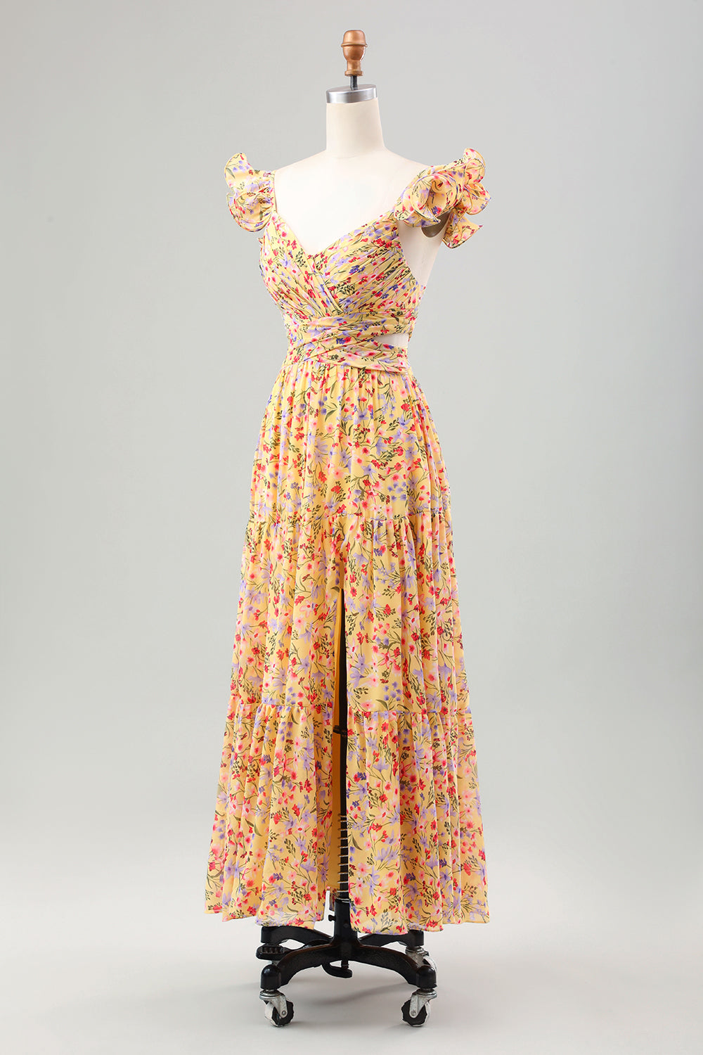 Vestido de invitada de boda plisado con estampado de cuello en V de flor amarilla con abertura