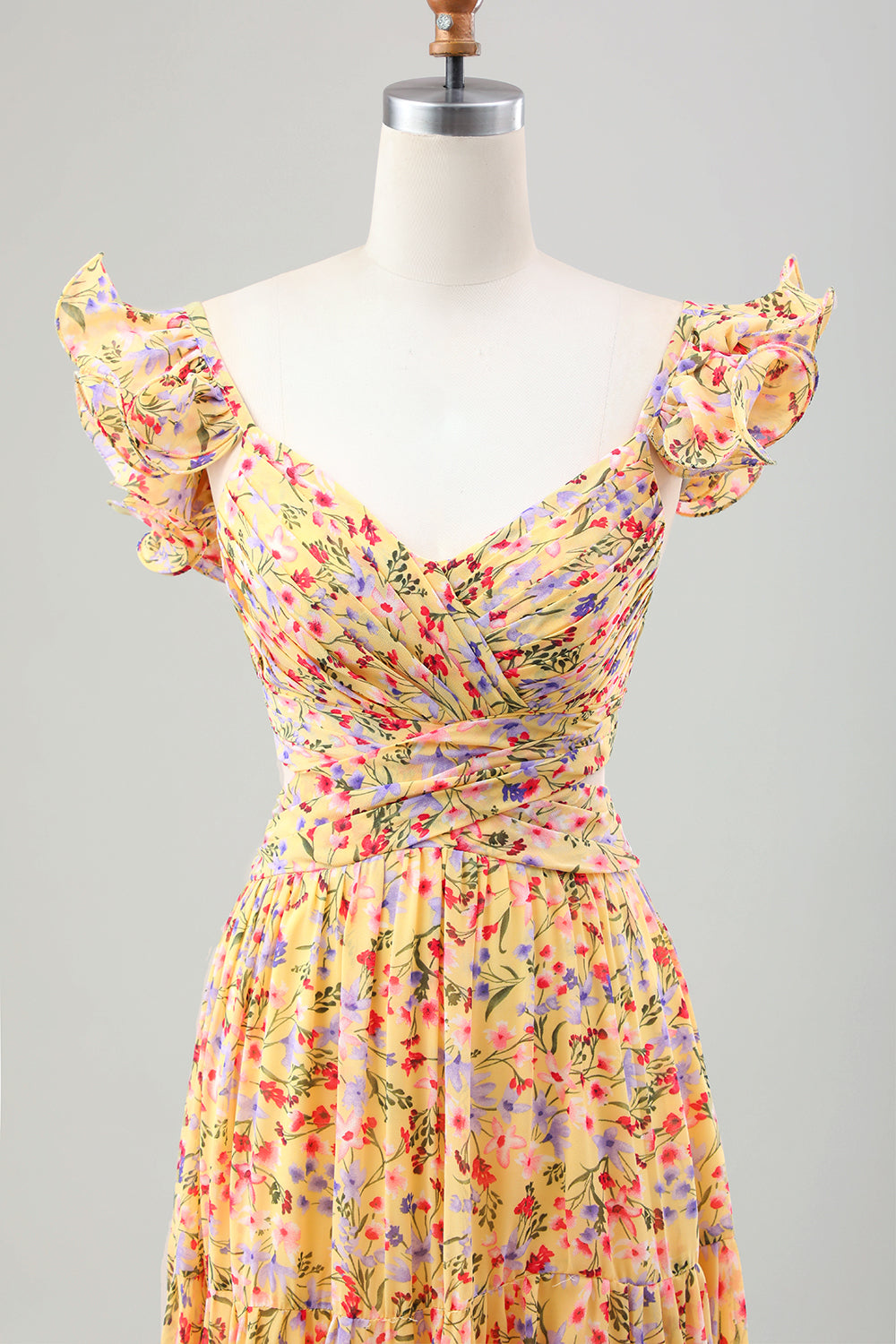 Vestido de invitada de boda plisado con estampado de cuello en V de flor amarilla con abertura