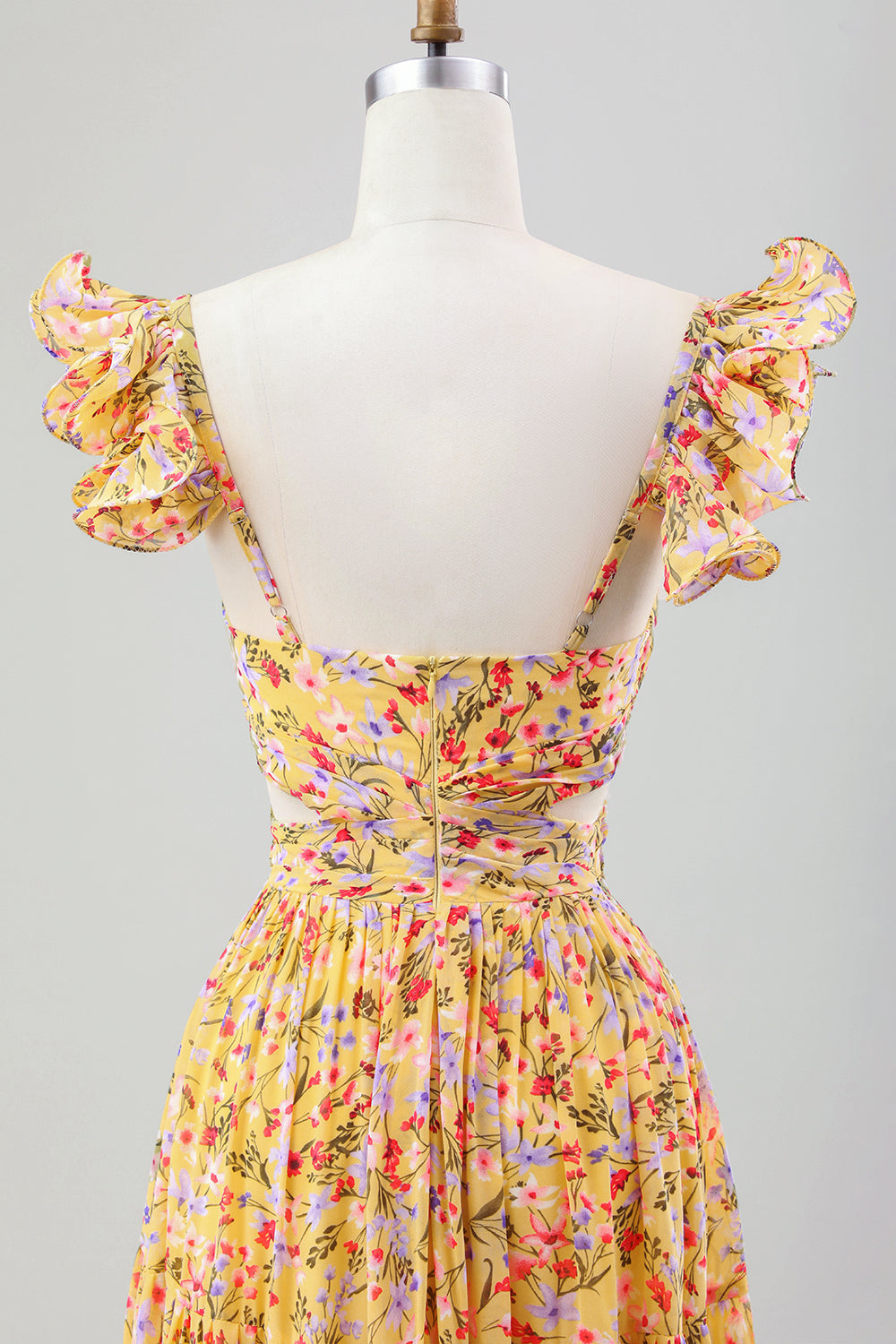 Vestido de invitada de boda plisado con estampado de cuello en V de flor amarilla con abertura