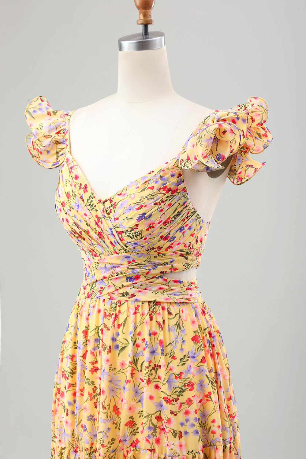 Vestido de invitada de boda plisado con estampado de cuello en V de flor amarilla con abertura