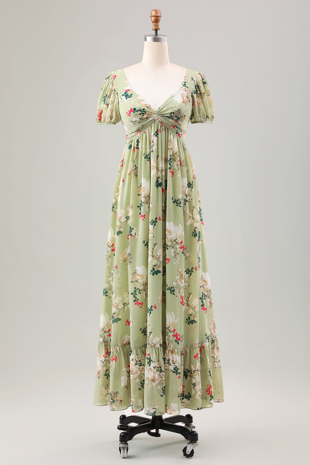 Vestido de invitada de boda de la longitud del té de la línea A de la línea de la flor verde con mangas cortas