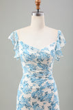 Vestido largo de invitada de boda de sirena de flor azul blanca con abertura