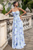 Vestido de invitada de boda largo plisado con estampado sin tirantes floral azul de una línea de novia