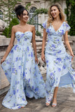 Vestido de invitada de boda largo plisado con estampado sin tirantes floral azul de una línea de novia