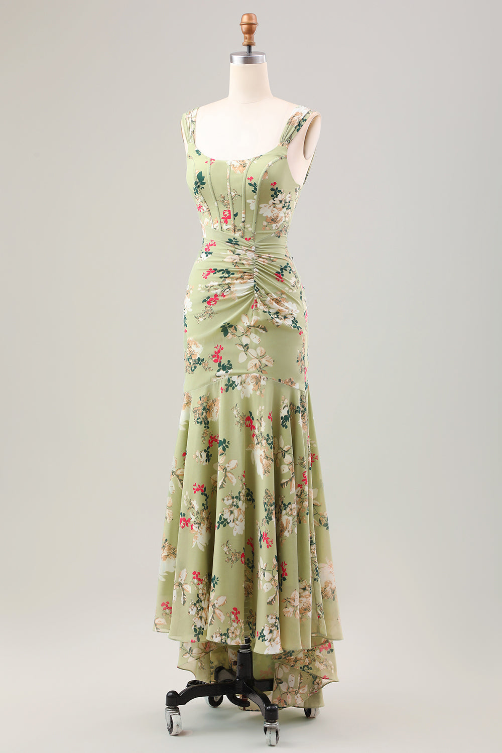 Vestido de invitada de boda con corsé de sirena de flor grande verde